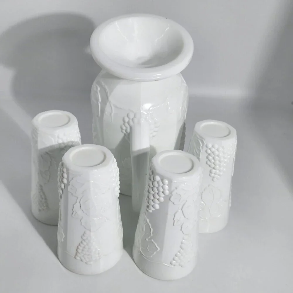 Indiana Milk Glass Colony Harvest Grape Pitcher And Tumblers Set Of 5 Vintage